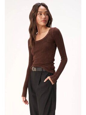 Project Social T size Medium NEW What's The Scoop Washed Rib Long Sleeve Brown